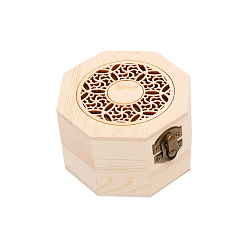 PapayaWhip Hollow Floral Wooden Storage Boxes, Jewelry Case with Metal Clasps, Octagon, PapayaWhip, 9.5x9.5x6.5cm