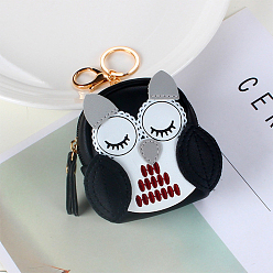 Black Women's Lady Owl Mini Coin Purse PU Leather Keychain, for Key Bag Car Pendant Decoration, Black, 10x8cm