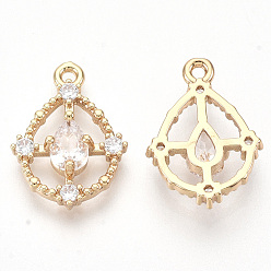 Clear Golden Tone Brass Pendants, with Faceted Glass and Rhinestone, Teardrop, Clear, 17x12.5x3.5mm, Hole: 1.2mm