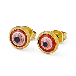 Red Resin Evil Eye Stud Earrings, Golden 304 Stainless Steel Jewelry for Women, Red, 7.5mm, Pin: 0.8mm
