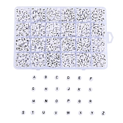 Letter A~Z Opaque Acrylic Beads, Horizontal Hole, Flat Round, Alphabet Style, White, Letter A~Z, 7x4mm, Hole: 1mm, about 1488pcs/box