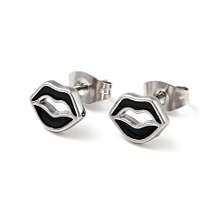 Black Enamel Lip Stud Earrings with 316 Surgical Stainless Steel Pins, Stainless Steel Color Plated 304 Stainless Steel Jewelry for Women, Black, 7x8.5mm, Pin: 0.8mm