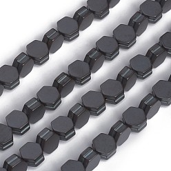 Non-magnetic Hematite Non-magnetic Synthetic Hematite Beads Strands, Frosted, Groove, Hexagon, 6.5x6.5x3.5mm, Hole: 0.8mm, about 63pcs/strand, 16.02 inch(40.7cm)