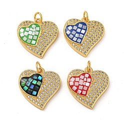 Mixed Color Brass Micro Pave Cubic Zirconia Pendants, with Enamel & Shell, Jump Rings, Real 18K Gold Plated, Heart, Mixed Color, 18.5x17.5x4.5mm, Hole: 3.5mm