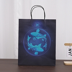 Pisces Luminous 12 Zodiac Signs Kraft Paper Bags, with Handles, Gift Bags, Black, Pisces, 11.1x6.4x14.3cm