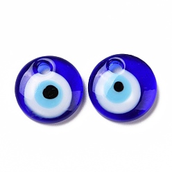 Blue Handmade Lampwork Evil Eye Pendants, Flat Round, Blue, 15x4mm, Hole: 2.8mm