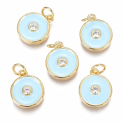 Light Sky Blue Brass Micro Pave Clear Cubic Zirconia Charms, Long-Lasting Plated, with Enamel & Jump Rings, Flat Round, Real 18K Gold Plated, Light Sky Blue, 13.2x11x2.7mm, Hole: 3mm, Jump Ring: 5x0.8mm