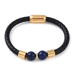 Lapis Lazuli 10.5mm Round Natural Lapis Lazuli Bead Bracelets, Braided Leather Cord Bracelets with Ion Plating(IP) Golden Color Tone 304 Stainless Steel Magnetic Clasps, for Men Women, 8-1/4 inch(20.8cm), Bead: 10.5mm
