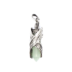 Green Aventurine Natural Green Aventurine Pointed Pendants, Faceted Bullet Charms with Antique Silver Plated Brass Wings, 44x12mm