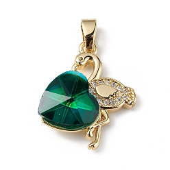 Темно-Зеленый Настоящие позолоченные подвески из латуни с микропаве из прозрачного кубического циркония, со стеклом, долговечный, без кадмия и без свинца, фламинго с сердечком, темно-зеленый, 18 мм, отверстие : 24x19x8 мм