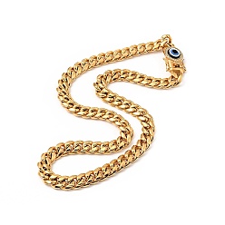 Golden Ion Plating(IP) 304 Stainless Steel Curb Chain Necklace with Crystal Rhinestone, Resin Evil Eye Clasp Lucky Necklace for Men, Golden, 24.88 inch(63.2cm)