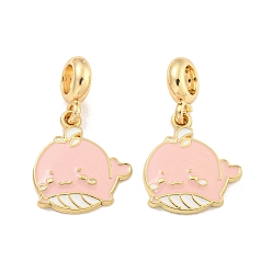 Pink Rack Plating Alloy Enamel Whale European Dangle Charms, Large Hole Pendants, Golden, Cadmium Free & Nickel Free & Lead Free, Pink, 29.5mm, Hole: 4.6mm, Whale: 19.5x17.5x2.5mm