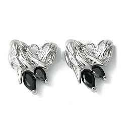 Jet Brass Heart Charms, Real Platinum Plated, with Glass, Jet, 13x12x4mm, Hole: 1.5mm