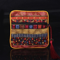 Indian Red Square Chinese Style Cloth Tassel Bags, with Zipper, for Bracelet, Necklace, Indian Red, 11.5x11.5cm