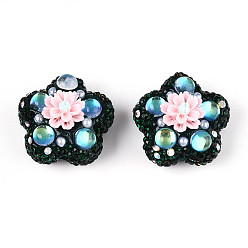 Темно-Зеленый Полимерная глина в форме цветка со стразами, с жемчужиной из смолы и АБС-пластика, для ручек с бусинами, брелки, ювелирные изделия и ремесла, темно-зеленый, 25.5x26.5x18.5 мм, отверстие : 1.8 мм