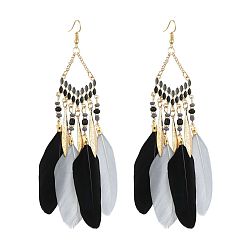 Black E0012-1 Bohemian Feather Tassel Earrings with V-shape Design for Vintage Ethnic Style