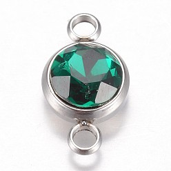 Emerald Glass Links connectors, Faceted, with 304 Stainless Steel Findings, Flat Round, Stainless Steel Color, Emerald, 17.5x10x6.5mm, Hole: 2.5mm