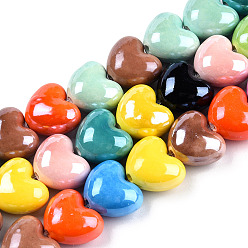 Mixed Color Handmade Porcelain Bead Strands, Bright Glazed Porcelain, Heart, Mixed Color, 14x16x10mm, Hole: 2mm, about 23pcs/strand, 11.81 inch(30cm)