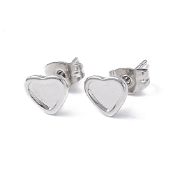 Stainless Steel Color 304 Stainless Steel Stud Earring Finding, Earring Settings, Heart, Stainless Steel Color, Tray: 5x6mm, 6.8x7.7mm, Pin: 0.8mm
