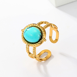 Oval Real 18K Gold Plated Stainless Steel Open Cuff Rings, with Synthetic Turquoise, Oval, no size