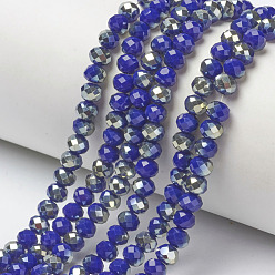 Medium Blue Electroplate Opaque Solid Color Glass Beads Strands, Half Plated, Rainbow Plated, Faceted, Rondelle, Medium Blue, 4x3mm, Hole: 0.4mm, about 123~127pcs/strand, 16.5~16.9 inch(42~43cm)