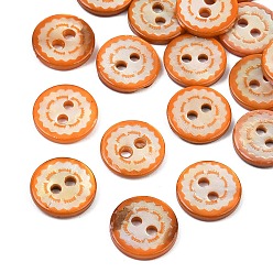 Orange 2 Boutons en nacre naturelle peints en blanc avec trou, bord ondulé plat rond, orange, 11~12x2mm, Trou: 1.6mm