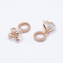 Real Rose Gold Plated Brass Micro Pave Cubic Zirconia European Dangle Charms, Flower, Cadmium Free & Nickel Free & Lead Free, Real Rose Gold Plated, 14mm, Hole: 4.5mm