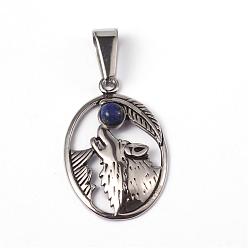 Antique Silver 304 Stainless Steel Pendants, with Lapis Lazuli, Oval with Wolf, Antique Silver, 29x19x5mm, Hole: 10x5mm