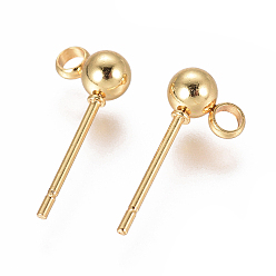Real 18K Gold Plated 304 Stainless Steel Ear Stud Components, with Loop, Ball, Real 18k Gold Plated, 15x4mm, Hole: 1.5~2mm, Pin: 0.8mm