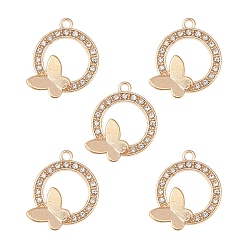 Golden Alloy Crystal Rhinestone Pendants, Ring with Butterfly Charms, Golden, 19.5x23.5x2.5mm, Hole: 2mm
