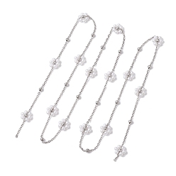 Stainless Steel Color Flower Handmade Acrylic Imitation Pearl Beaded Link Chain, with 304 Stainless Steel Satellite Chains, Soldered, Stainless Steel Color, 11x4mm, about 3.18 Feet(0.97m)/pc