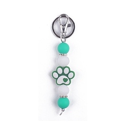 Turquoise Round & Dog Paw Print Silicone Beaded Keychain, with Iron Findings, for Car Backpack Pendant Accessories, Turquoise, 11.5cm
