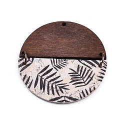 Leaf Imitation Leather & Wood Pendants, Flat Round Charms, Leaf Pattern, 42mm, Hole: 1.4mm