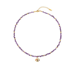 Golden Stainless Steel Enamel Eye Pendant Necklaces, with Natural Amethyst Beaded Chains, Golden, 15.75 inch(40cm)