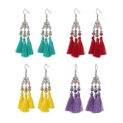 Mixed Color 4 Pairs 4 Color Polyester Tassel with Glass Beaded Chandelier Earrings, 316 Surgical Stainless Steel Flower Long Drop Earrings for Women, Mixed Color, 88mm, Pin: 0.6mm, 1 Pair/color