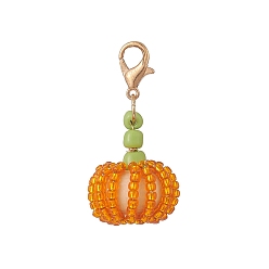 Orange Glass Seed Beads Pendant Decorations, with Wood Beads and Zinc Alloy Lobster Claw Clasps, Pumpkin, Orange, 3.3cm