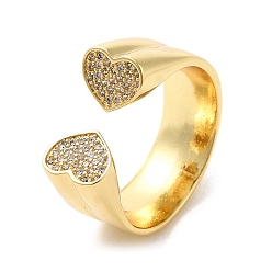 Real 18K Gold Plated Brass Micro Pave Cubic Zirconia Open Cuff Rings, Heart, Real 18K Gold Plated, US Size 7 1/4(17.5mm)