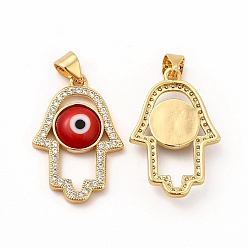 Red Rack Plating Brass Micro Pave Clear Cubic Zirconia Pendants, with Handmade Evil Eye Lampwork, Cadmium Free & Lead Free, Long-Lasting Real 18K Gold Plated, Hamsa Hand Charm, Red, 25.5x17x4mm, Hole: 5.5x3.5mm