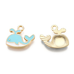 Sky Blue Alloy Charms, with Enamel, Whale, Light Gold, Sky Blue, 14x15x2mm, Hole: 1.8mm