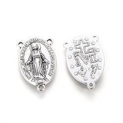 Antique Silver Holy Oval Carved Virgin Mary Tibetan Style Alloy Chandelier Component Links, 3 Loop Connectors, Rosary Center Pieces, Antique Silver, Lead Free & Cadmium Free, 23x14.5x3mm, Hole: 1mm, about 470pcs/kg