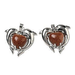 Камень с Пылевым Золотом Подвески в форме сердца из синтетического золота, латунные подвески в виде дельфинов, платина, без кадмия и без свинца, 29x32.5x8.5 мм, отверстие : 8x5 мм