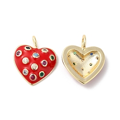 Red Real 16K Gold Plated Brass Micro Pave Colorful Cubic Zirconia Pendants, with Enamel, Heart Charms, Red, 17x14x3.5mm, Hole: 3.5x1.5mm