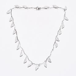 Stainless Steel Color 304 Stainless Steel Leaf Charm Necklaces, Bar Link Chain Necklaces, with Lobster Claw Clasps, Stainless Steel Color, 17.5 inch(44.5cm)