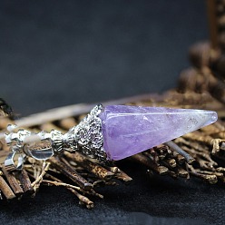 Amethyst Natural Amethyst Big Pendants, Faceted Cone/Spike Pendulum Charms with Metal Snap on Bails, 60x17mm