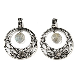 Лабрадорита Ограненные восьмиугольные подвески из натурального лабрадорита, антикварные серебряные тона, полые плоские круглые подвески из сплава с покрытием, без свинца и без кадмия, 44x40x5 мм, отверстие : 4.5x6 мм