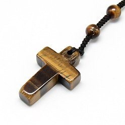 Tiger Eye Natural Tiger Eye Pendant Necklaces, with Polyester Braided Rope, Cross, (730~750mm)28.74 inch~29.53 inch