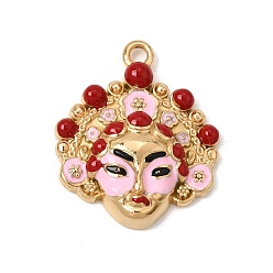 Pink 304 Stainless Steel Enamel Pendants, Chinese Opera Mask Charm, Ion Plating(IP), Long-Lasting Plated, Real 18K Gold Plated, Pink, 30.5x25.5x6mm, Hole: 2.5mm