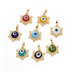 Mixed Color Handmade Evil Eye Lampwork Pendants, with Real 18K Gold Plated Tone Brass Findings, Snowflake Charm, Mixed Color, 15x16x4mm, Hole: 4x6.5mm