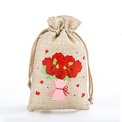 Flower Valentine's Day Printed Burlap Drawstring Pouches, Red, Rectangle, Flower, 15x10cm