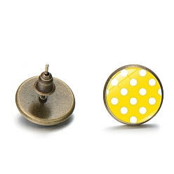 Yellow Alloy Stud Earrings with Ear Nuts, Glass Flat Round Polka Dot Ear Studs for Women, Yellow, 12mm
